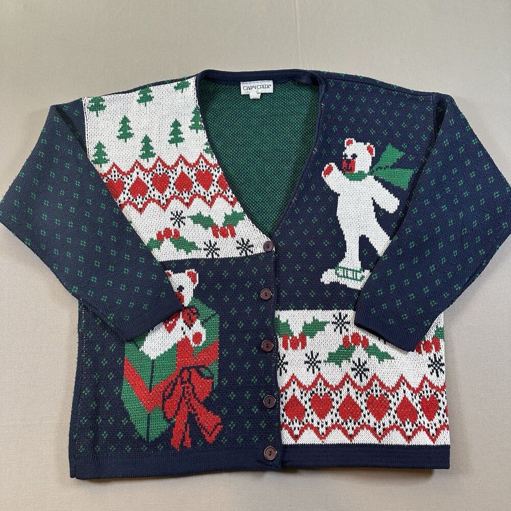 Vintage Cabin Creek Christmas Knit Cardigan Sweater - Women's XL -Blue/Green/Red